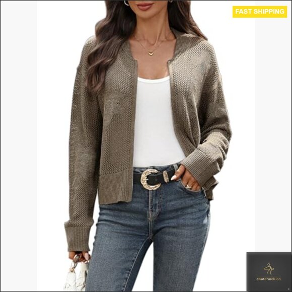 Crochet Cardigan Zipper Sweater Jacket Long Sleeve Ribbed Bomber - Picture 2 of 7